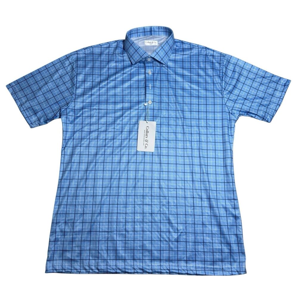 Collars & Co Mens Semi Spread Collar Golf Polo Size L Pienza Blue Windowpane Dad